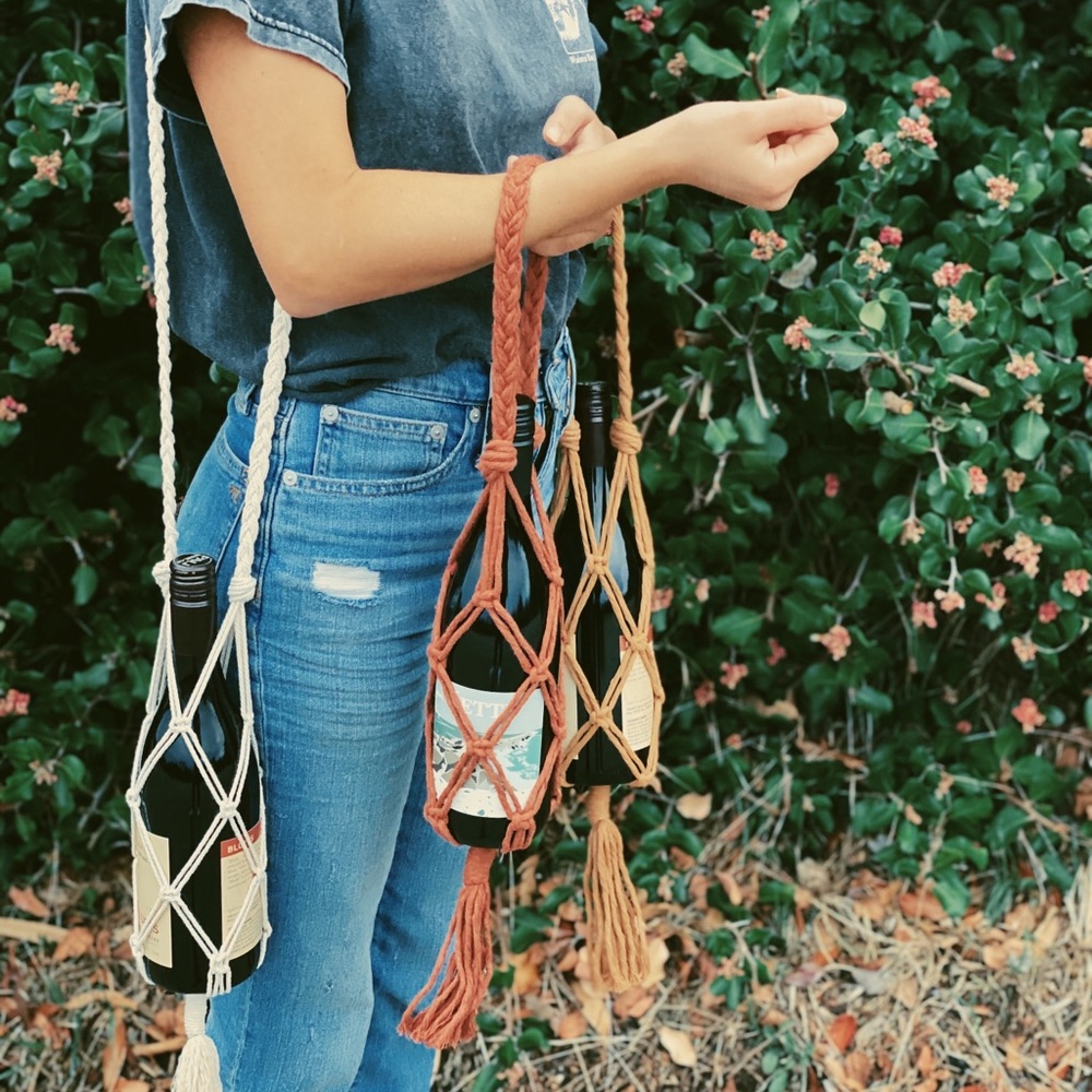 Loved By Palma macrame bottle tote / wine bag -short strap